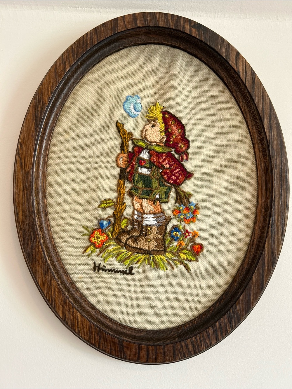 Embroidered Hummel-Style Boy in Red Hat Wall Art